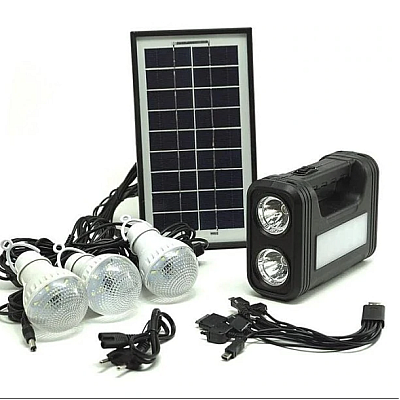 Kit solar GD-Lite 8017 dotat cu dispozitive USB cu 3 becuri LED + acumulator de mare capacitate
