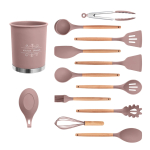 Set 12 ustensile de bucătărie cu mâner de lemn roz