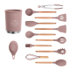Set 12 ustensile de bucătărie cu mâner de lemn roz