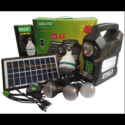 Kit solar GD-Lite 1000A dotat cu dispozitive USB cu 4 becuri LED + Acumulator de mare capacitate + RADIO