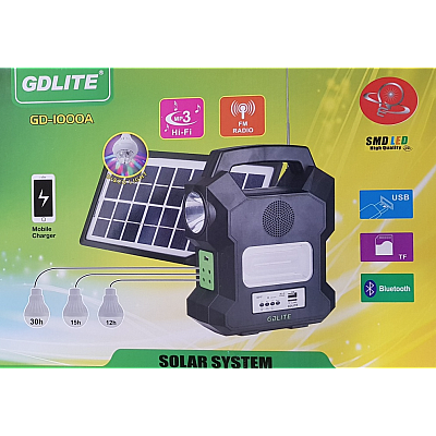 Kit solar GD-Lite 1000A dotat cu dispozitive USB cu 4 becuri LED + Acumulator de mare capacitate + RADIO