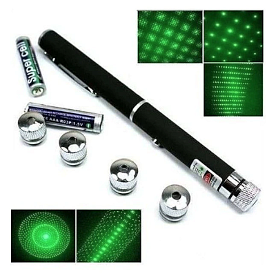 Laser Pointer Verde cu 12 Capete Interschimbabile si 2 Baterii Incluse - Tip Pix