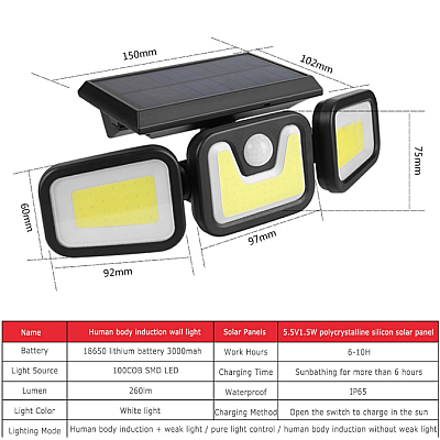 Proiector FL 1725B TRIPLU 30W 100LED COB Cu Panou Solar