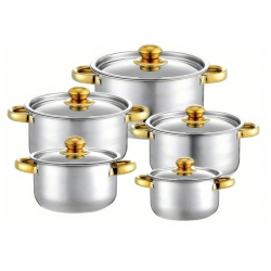 Set oale inox 10 piese cu manere si capace aurii Set oale inox 10 piese cu manere si capace aurii