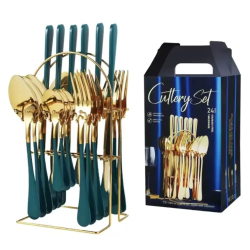 Set 24 piese tacamuri AURIU CU VERDE cu suport otel inoxidabil