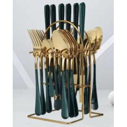 Set 24 piese tacamuri AURIU CU VERDE cu suport otel inoxidabil