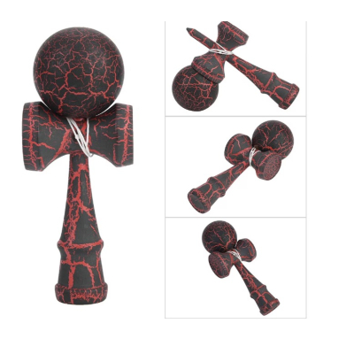 Kendama profesionala din lemn 18 cm model clasic cu design crapat culoare NEGRU/ROSU