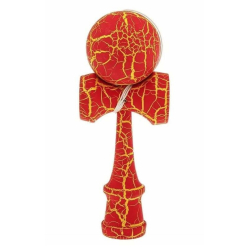 Kendama profesionala din lemn 18 cm model clasic cu design crapat culoare ROSU/GALBEN