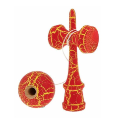 Kendama profesionala din lemn 18 cm model clasic cu design crapat culoare ROSU/GALBEN