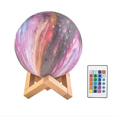 Lampa luna 3D 15 cm cu telecomanda 16 culori suport lemn