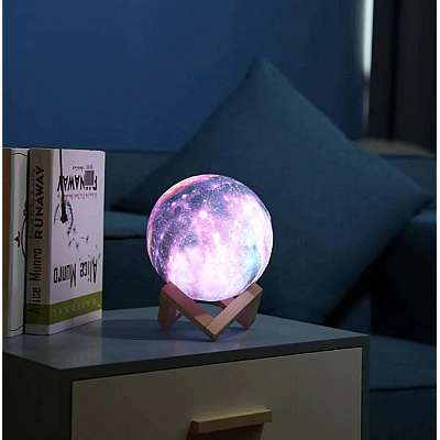 Lampa luna 3D 15 cm cu telecomanda 16 culori suport lemn