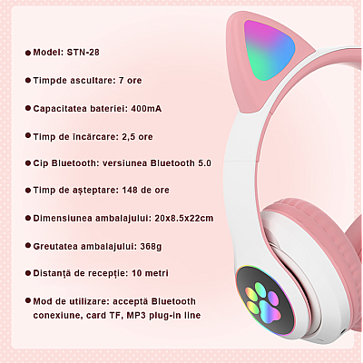 Casti Bluetooth Telefon Pliabile Model Pisica Hi-Fi LED