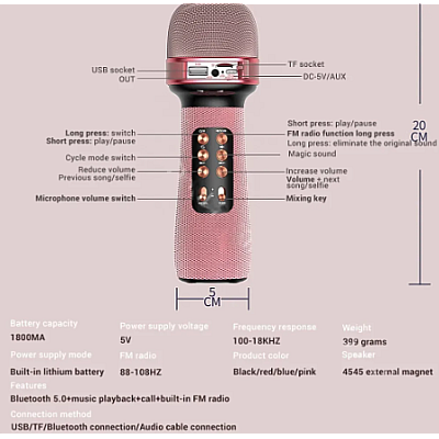 Microfon Karaoke Bluetooth 5V 220V WS - 898 rosu