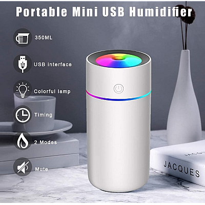 Mini umidificator portabil silentios cu 7 culori LED 320ml Alb