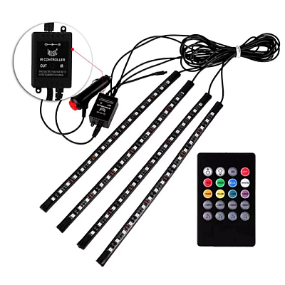 Set 4 benzi 18 LED cu lumina ambientale pentru auto si telecomanda RGB