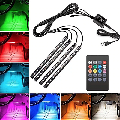 Set 4 benzi 12 LED cu lumina ambientale pentru auto si telecomanda RGB