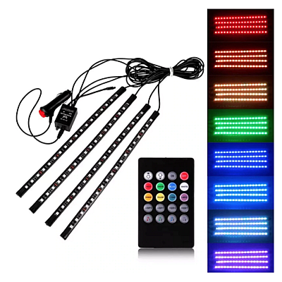 Set 4 benzi 12 LED cu lumina ambientale pentru auto si telecomanda RGB