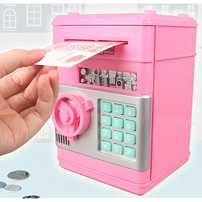 Pusculita interactiva ATM tip Seif pentru copii cu dimensiunea de 19x13x13 cm ROZ