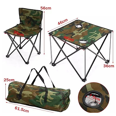 Set 1 Masa cu 2 Scaune Pentru Camping Pliabile Model Army Geanta Inclusa