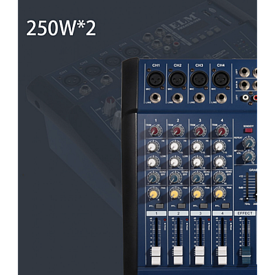 Mixer audio profesional cu amplificare putere 2x250 W 4 canale 16 efecte egalizator 5 benzi