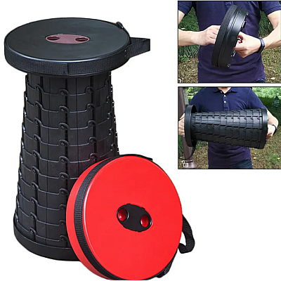 Scaun rotund portabil extensibil cu pliere telescopica pentru camping Negru/Rosu