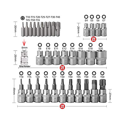 Trusa 34 tubulare profil e biti torx 3/8 inch