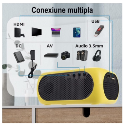 Video Proiector Mini Super HD 1080P 1200 Lumeni Cu Telecomanda Galben Video Proiector Mini Super HD 1080P 1200 Lumeni Cu Telecomanda Galben