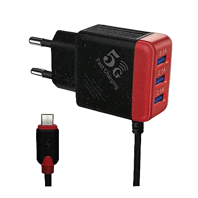 Incarcator 2.4A 3 USB si Cablu USB Type C de Calatorie Multifunctional Negru-Rosu