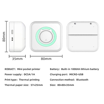 Mini imprimanta de buzunar cu Bluetooth fara Cerneala Roz + 1 Sul Hartie