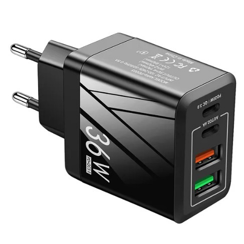 Adaptor Alimentare NEGRU 2 USB + 2 USB C 36W Incarcator Rapid si Cablu Type C