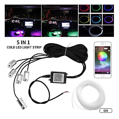 Kit Lumini ambientale auto 5 LED x 6 m neon RGB, aplicatie prin Bluetooth