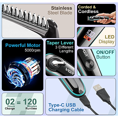 Trimmer profesional VGR V 075 cu afisaj LED si 4 piepteni