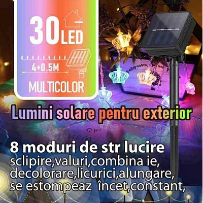 Instalatie solara cu bec in forma de COROANA 30LED 5M lumina multicolor