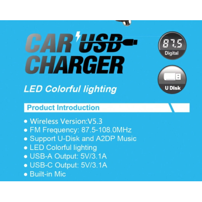 Modulator auto C48 cu USB dublu 3.1A si lumina RGB Modulator auto C48 cu USB dublu 3.1A si lumina RGB