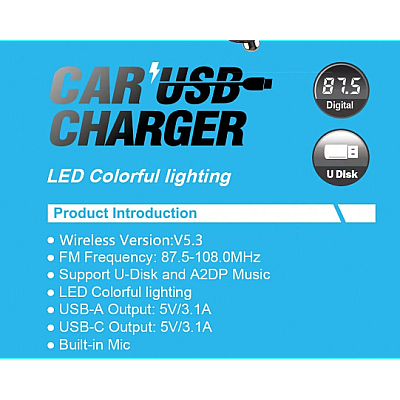 Modulator auto C48 cu USB dublu 3.1A si lumina RGB