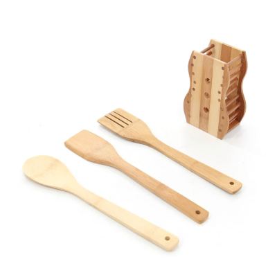 Set 3 ustensile bambus cu suport decor Set 3 ustensile bambus cu suport decor