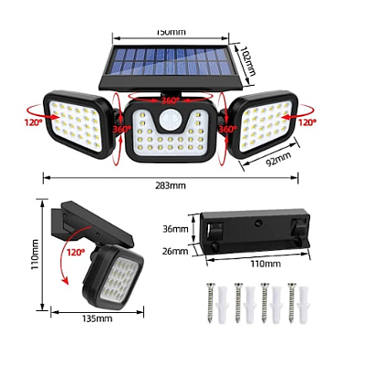 Lampa Solara Tripla cu Panou Solar Incorporat 74 LED SMD Reglabila 360 grade FL 1725A