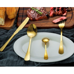 Set de tacamuri din otel inoxidabil cu suport agatat aurii 24 piese Set de tacamuri din otel inoxidabil cu suport agatat aurii 24 piese