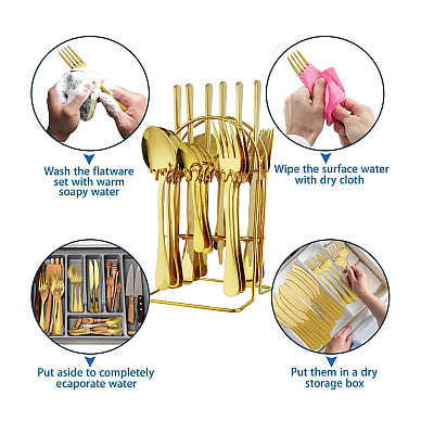 Set de tacamuri din otel inoxidabil cu suport agatat aurii 24 piese