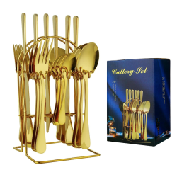 Set de tacamuri din otel inoxidabil cu suport agatat aurii 24 piese Set de tacamuri din otel inoxidabil cu suport agatat aurii 24 piese