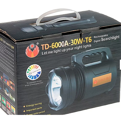 Lanterna Profesionala cu LED TD 6000A T6 de 30 W Acumulator Integrat Negru