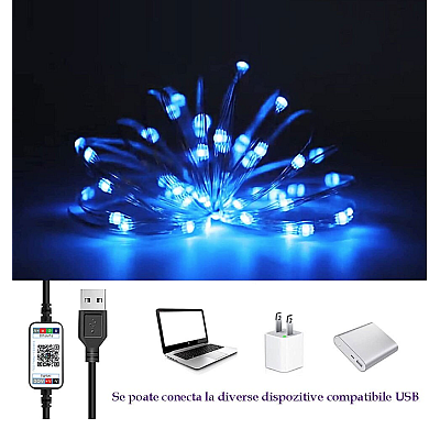 Instalatie decorativa RGB Cu Control Bluetooth Prin Aplicatie 5 metri Luminozitate Reglabila USB Multicolor