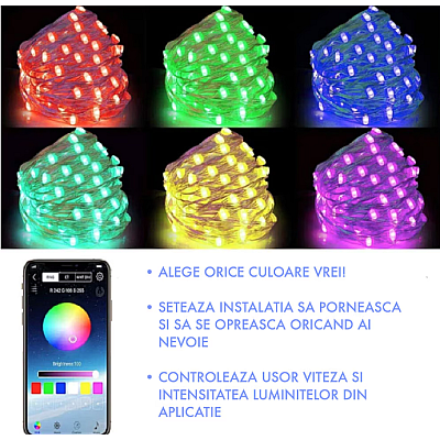 Instalatie decorativa RGB Cu Control Bluetooth Prin Aplicatie 5 metri Luminozitate Reglabila USB Multicolor