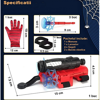 Set 2 Manusi Spiderman cu ventuze sfoara si lansator rosii