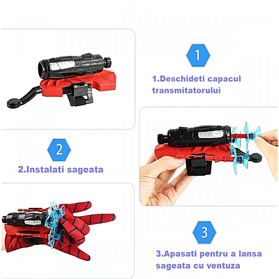 Set 2 Manusi Spiderman cu ventuze sfoara si lansator rosii