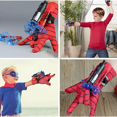 Set 2 Manusi Spiderman cu ventuze sfoara si lansator rosii