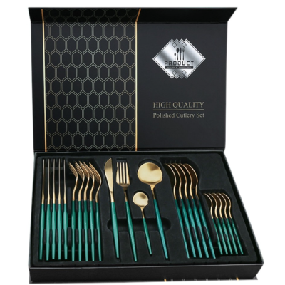 Set de 24 tacamuri elegante si rafinate cu un finisaj luxos VERDE cu AURIU Set de 24 tacamuri elegante si rafinate cu un finisaj luxos VERDE cu AURIU