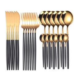 Set de 24 tacamuri elegante si rafinate cu un finisaj luxos NEGRU cu AURIU Set de 24 tacamuri elegante si rafinate cu un finisaj luxos NEGRU cu AURIU