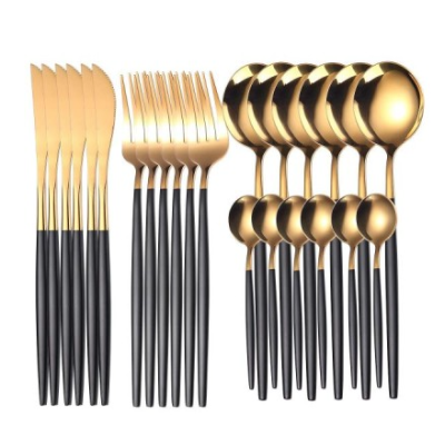 Set de 24 tacamuri elegante si rafinate cu un finisaj luxos NEGRU cu AURIU Set de 24 tacamuri elegante si rafinate cu un finisaj luxos NEGRU cu AURIU