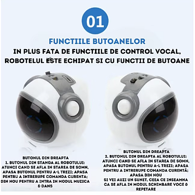 Robot de buzunar inteligent educational RC01 pentru copii si adulti in limba engleza control vocal moduri muzica dans si Imitare voce